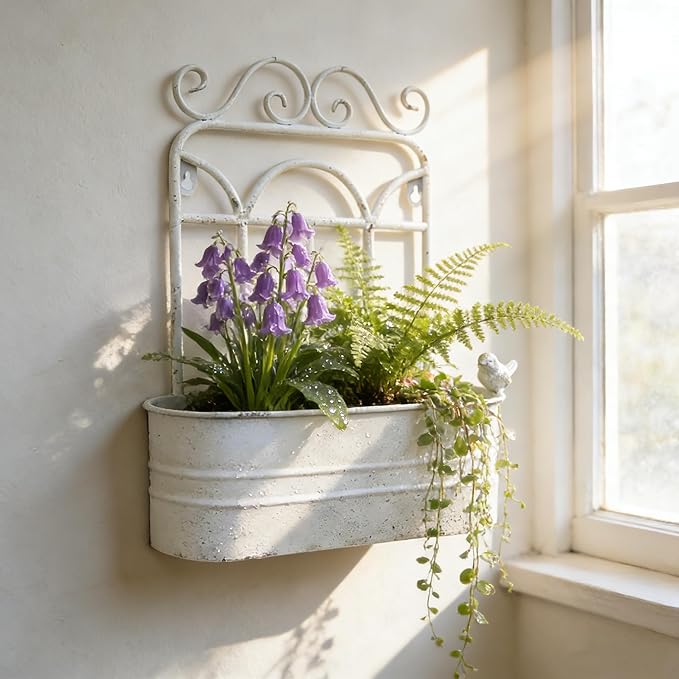 Rustic Metal Wall Planter Vintage Wall Mounted Flower Pot Distressed Wall Hanging Plant Basket Farmhouse Wall Decor for Indoor Outdoor Garden Home Yard (White) Rootora