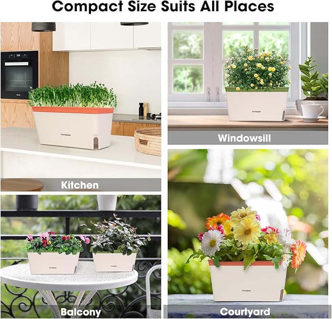 VIVOSUN Self-Watering Planters, 8-Pack 10.5 Inch Compact Rectangular Window Herb Planter Box with 10 PCS Plant Labels, Plant Container for Basil, Flowers, Succulents, Indoor & Outdoor VIVOSUN