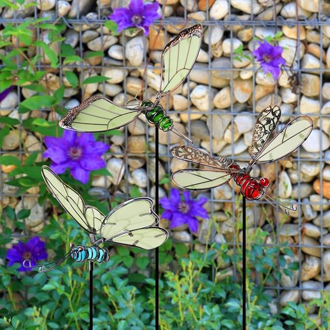 Juegoal 20 Inch Butterfly Garden Stakes Decor, Dragonfly Stakes, Hummingbird Glow in Dark Metal Yard Art for Mom, Mothers Day Ideal Gifts, Indoor Outdoor Lawn Pathway Patio Ornaments, Set of 3 Juegoal