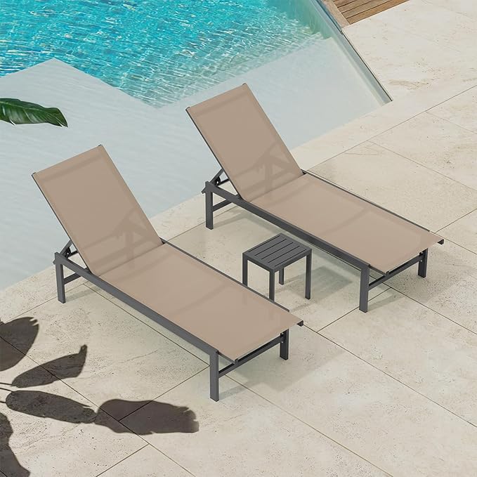 Outdoor Lounge Chairs Set of 3, Aluminum Chaise Lounge Chairs with 5-Position Recliner, Patio Lounge Chair for Backyard, Poolside, Deck, Lawn (Khaki) Vexwalx