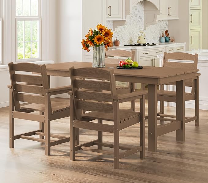 SERWALL Patio Dining Table Sets 5-Piece, Outdoor HDPE Dining Furniture Set with Umbrella Hole Cut-Out Table and 4 Chairs, All Weather Dining Set for Lawn, Garden, Backyard, Poolside, Brown SERWALL