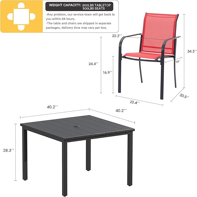 VICLLAX Patio Dining Set for 4, Outdoor Furniture Set Includes 1 Square Patio Table and 4 Stacking Patio Sling Chairs, Black Tabletop and Red Fabric HOME