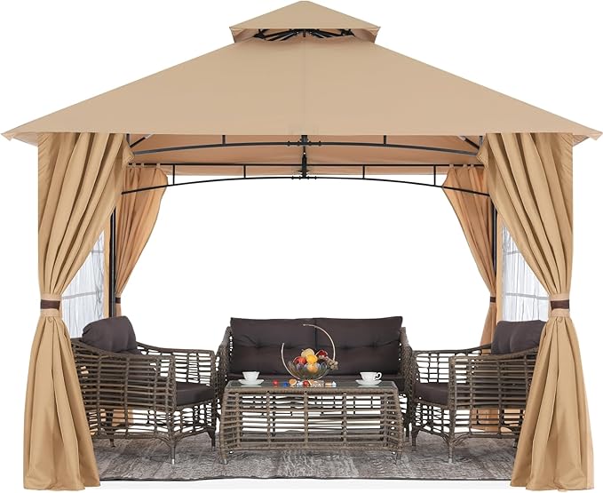 MASTERCANOPY Patio Gazebo Steel Frame Outdoor Gazebo with Windows Curtains (11x11,Beige) MASTERCANOPY