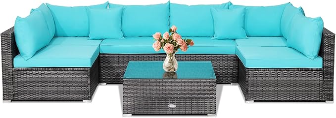 Tangkula 7 Pieces Wicker Patio Furniture Set, All-Weather Outdoor Rattan Sectional Sofa Set with Cushions & Tempered Glass Coffee Table, Outside Sofa Set for Garden, Lawn, Deck, Backyard (Turquoise) TANGKULA