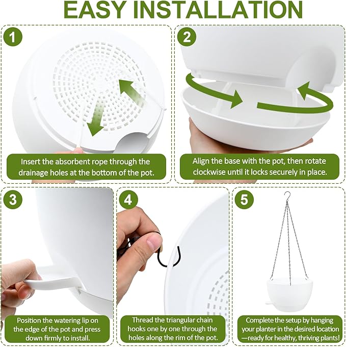WOUSIWER Self Watering Hanging Planters, 2 Pack 12'' Plastic Pots with Drainage Holes & Reservoir Tray (White) | Indoor & Outdoor Use for Ferns, Ivy, Herbs, Succulents WOUSIWER