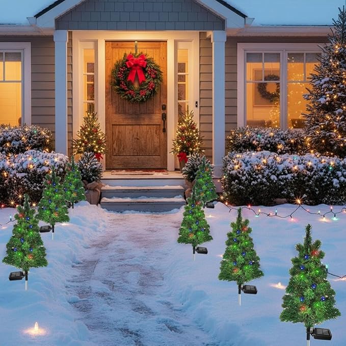 4PCS Solar Christmas Tree Garden Stake Lights Outdoor Waterproof Pathway Lights Xmas Tree Light for Lawn Patio Yard Front Porch Christmas Decor SXXSMYWR