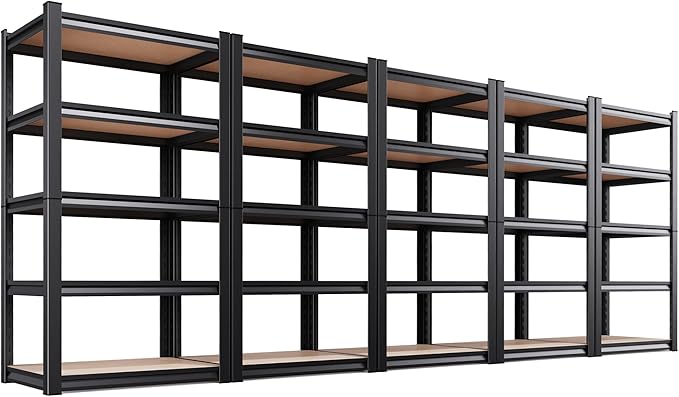 AOAORRG Set of 5 Garage Shelving Heavy Duty Storage Shelves, Metal Adjustable Shelving Unit, Utility Garage Organizer Shelf for Basement, Pantry, Kitchen, Warehouse, 31.5"W x 13.8"D x 71.2"H, Black Rootora