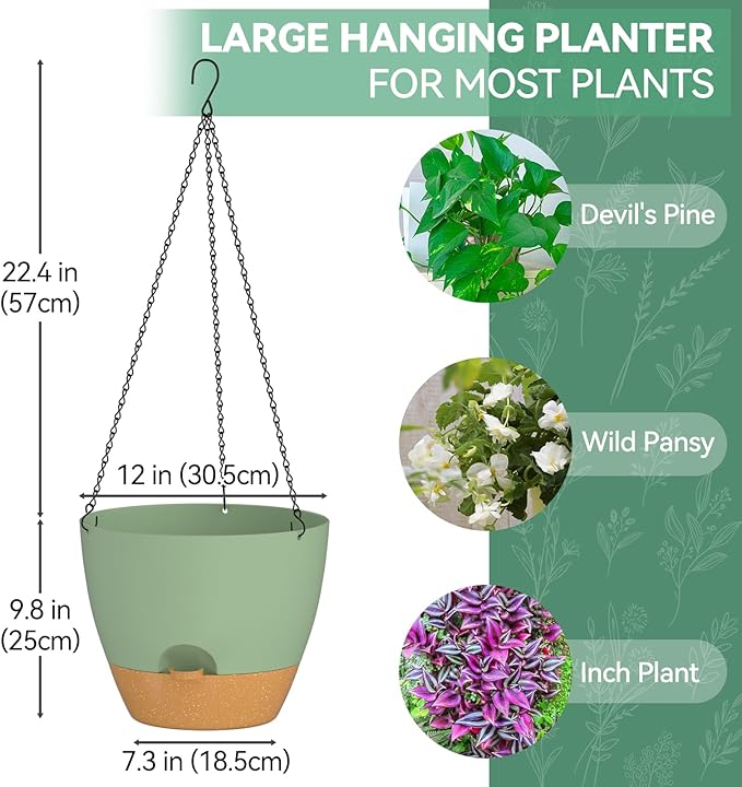 ZMTECH 12 Inch Hanging Planters for Indoor Outdoor Plants, 1 Pack Self Watering Hanging Plant Pots with Drainage Holes and Removable Saucer, Plastic Flower Hanging Pots with Watering Lip (Green) HighQualityGardeningTools