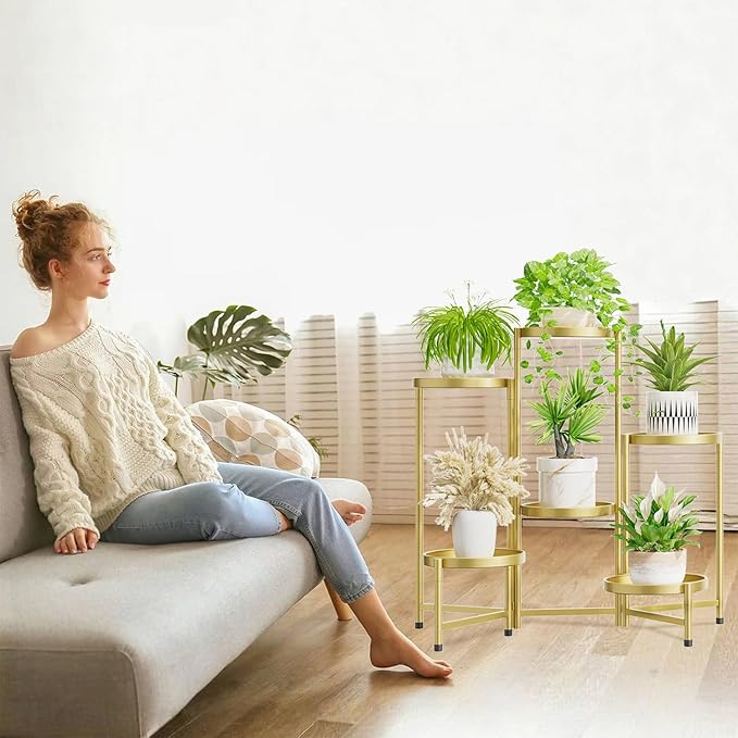 iDavosic.ly 6 Tier Large Plant Stand Indoor, 10 Inch Wide Tall Corner Metal Plant Stands Outdoor for Multiple Plants, Folding Tiered Flower Display Holder Rack Shelf, Gold iDavosicly