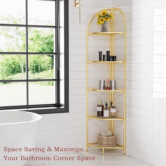 Crofy Foldable 5 Tier Corner Shelf, Metal Corner Plant Stand with Gold Frame and Transparent Shelves, Corner Display Rack Multipurpose Shelving Unit for Living Room, Bedroom, Bathroom CrofyLLC