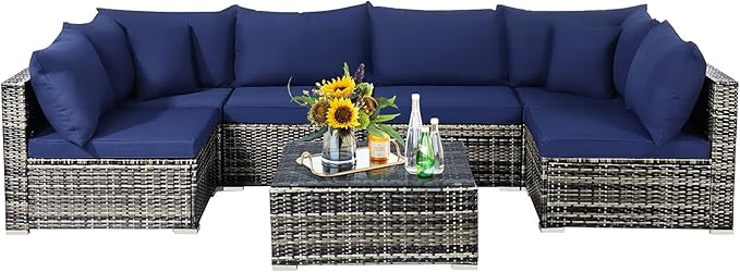 Tangkula 7 Pieces Wicker Patio Furniture Set, All-Weather Outdoor Rattan Sectional Sofa Set with Cushions & Tempered Glass Coffee Table, Outside Sofa Set for Garden, Lawn, Deck, Backyard (Navy) TANGKULA