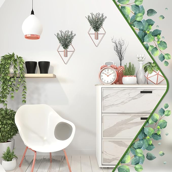 Jexine 8 Pcs Hanging Planters with Artificial Eucalyptus Metal Hanging Vase Indoor Plants Holder Modern Geometric Boho Bathroom Wall Decor for Living Room Home Office (Eucalyptus,Rose Gold) Jexine