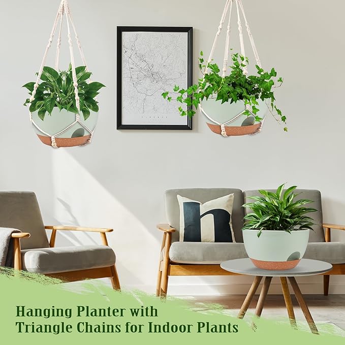 Hanging Planters for Outdoor Indoor Plants, 2 Pack 12 Inch Hanging Basket Plants Outdoor, Self Watering Hanging Planter with Plant Hanger for Garden Home Decoration (2 Type Plant Hangers Green) Lucieblessdesign