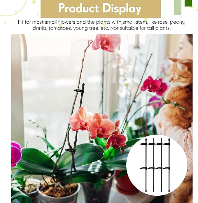 meekoo 30 Pcs Adjustable Garden Plant Support Stakes Single Stem Plant Cage Support Rings with Clips and Connect Pipe for Orchid Rose Tomato, 12 Inch (Black) meekoo
