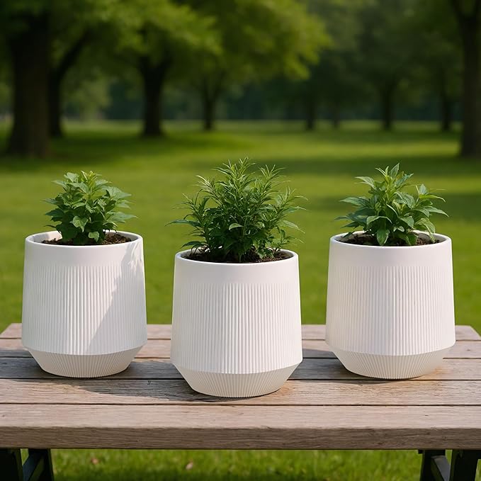 Plant Pots,Set of 3 Plastic Pots for Indoor Plants,Flower Pots Outdoor Planters with Drainage Hole and Seamless Saucer,Milky-Yellow Rootora