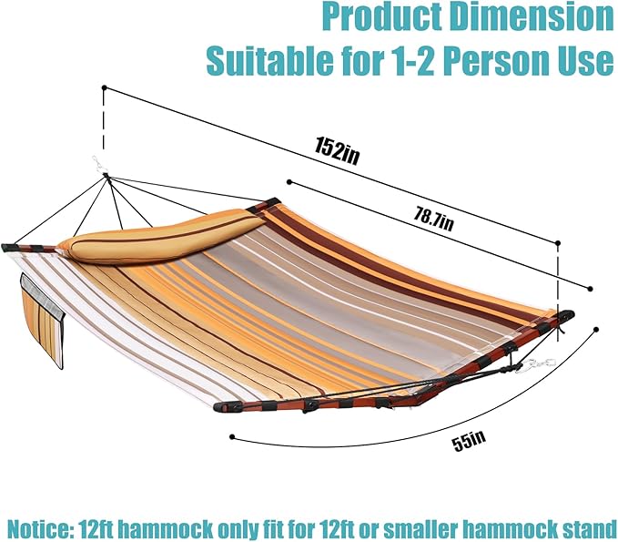 TegerDeger 12FT 2 Person Hammock Large Hammock 450LB Capacity with V Shaped Hardwood Spreader Bar & Nylon Rope for Outside, Patio, Garden, Backyard, Beach, Poolside - Fall Yellow Stripes Tegerdeger