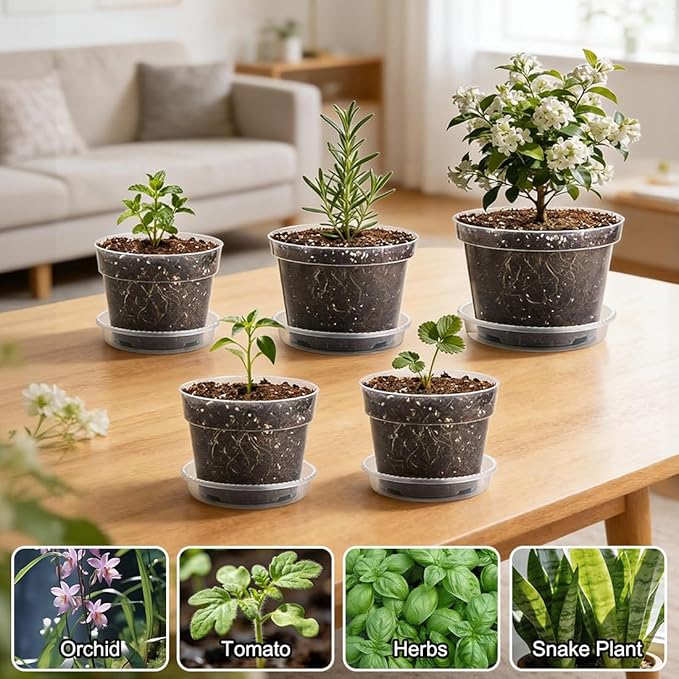 15 Pack 8/7/6 Inch Clear Nursery Pots with Saucer, Transparent Plastic Plant Pot with Drainage Hole, Sturdy Planting Starter Pots for Gardening Flower Herb Vegetable RooTrimmer