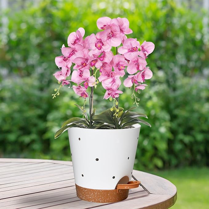 Orchid Pots with Holes, 6 Inch Self Watering Orchid Pot 2 Pack Plastic Plant Pots for Orchid, Flower (White+Brown) Vanslogreen