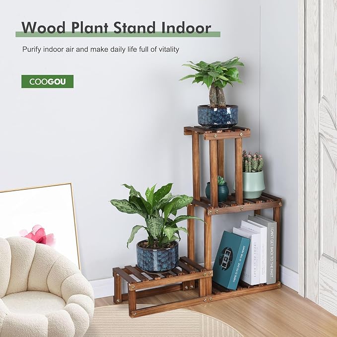 Wood Plant Stand Indoor Outdoor 4 Tiers Plant Rack Corner Planter Shelf Flower Pot Holder for Living Room Garden Patio Yard Porch (Space Saving,27.6”,Small) COOGOU