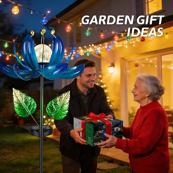 Solar Garden Lights Metal Flower Decor, Colorful Lotus Pathway Spinning Windmill with LED Cracked Crystal Ball Outdoor Decorative Stake Lighting Waterproof Flower Sculpture for Patio Yard AIINY