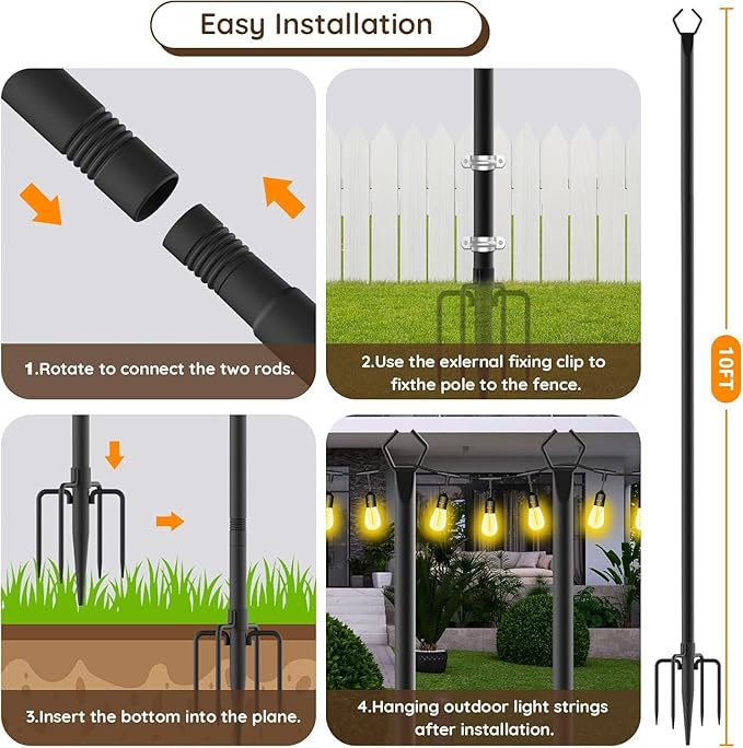 10Ft String Light Poles 6 Pack,Light Poles for Outside Lights,Outdoor with Fence Brackets Hanging Lights,Metal Stand Deck Patio Backyard AILBTON