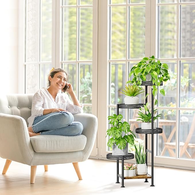 5 Tier Plant Stand Indoor Outdoor, Tierd Corner Metal Plant Stands Holder for Multiple Plants, Flower Orchid Pot Shelf Display Rack for Living Room Balcony Garden Patio, Black (5 tier-Hollow Black) Oppro