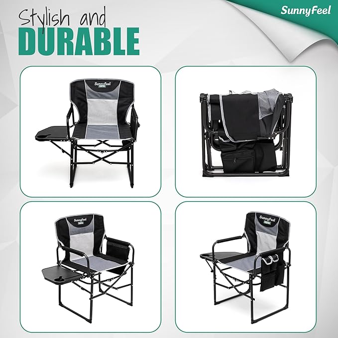 SUNNYFEEL Oversized Camping Directors Chair 500 LBS Heavy Duty, Portable Folding Chair with Side Table, Pocket for Beach, Fishing,Trip,Picnic,Lawn,Concert Outdoor Foldable Camp Chairs SunnyFeelCamping