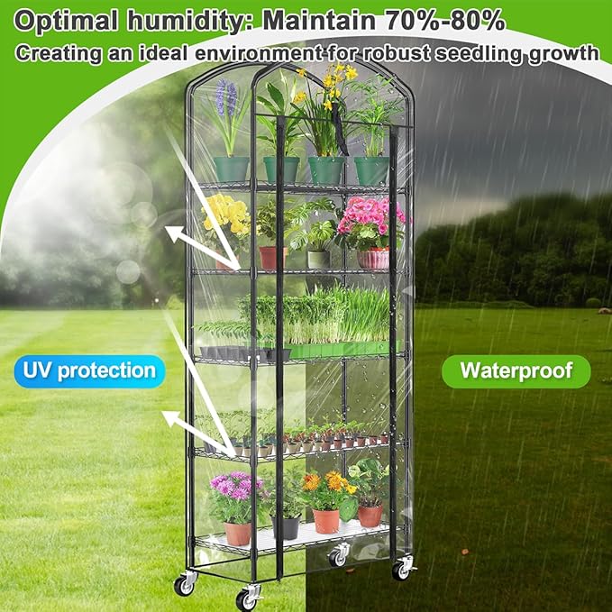 Abimars 5-Tier Greenhouse with Caster Wheel, Each Shelf Height Adjustable Metal Plant Shelf with PVC Cover for Seed Starting Trays, Seedling Pots, Plant Pots, 13x29x73inch Abimars