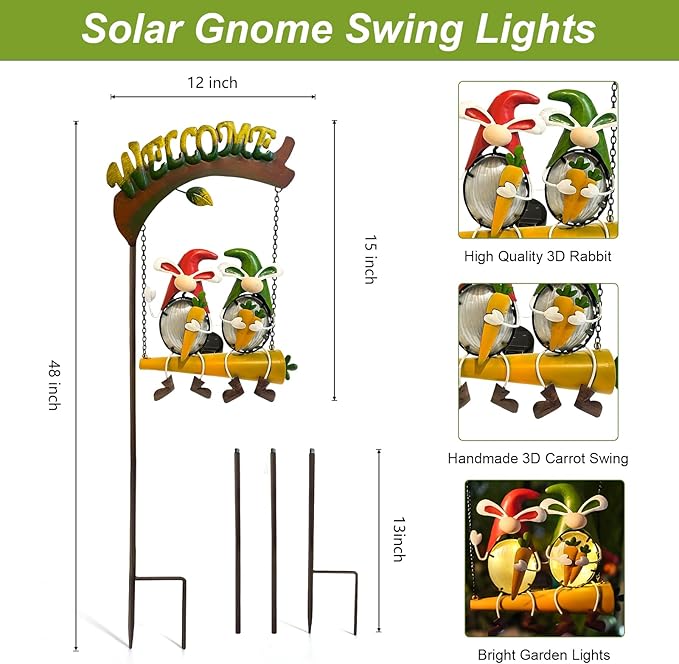 HONGLAND Outdoor Decor Solar Lights, Hanging Gnomes Swing Gardening Gifts for Women, Gnomes Outdoor Easter Decor with Welcome Sign for Porch Patio HONGLAND