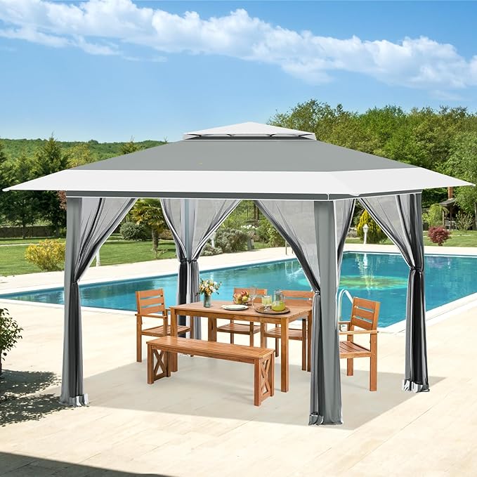 ECOTOUGE 13x13 FT Pop Up Canopy Tent with Mosquito Nettings, Patio Party Instant Shelte Gazebo w/Carrying Roller Bag Waterproof and UV Resistant for Outdoor Garden, Grill and Backyard, Grey-White ECOTOUGE