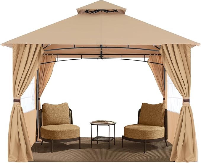 MASTERCANOPY Patio Gazebo Steel Frame Outdoor Gazebo with Windows Curtains (9x9, Beige) MASTERCANOPY