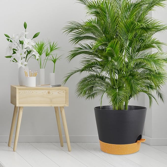 12 inch Large Self Watering Pots, Plant Pots with Mesh Drainage Holes for Indoor Outdoor Plants, Plastic Planters with Deep Reservoir for Garden House Flower Plants, Black with Brown Meowell