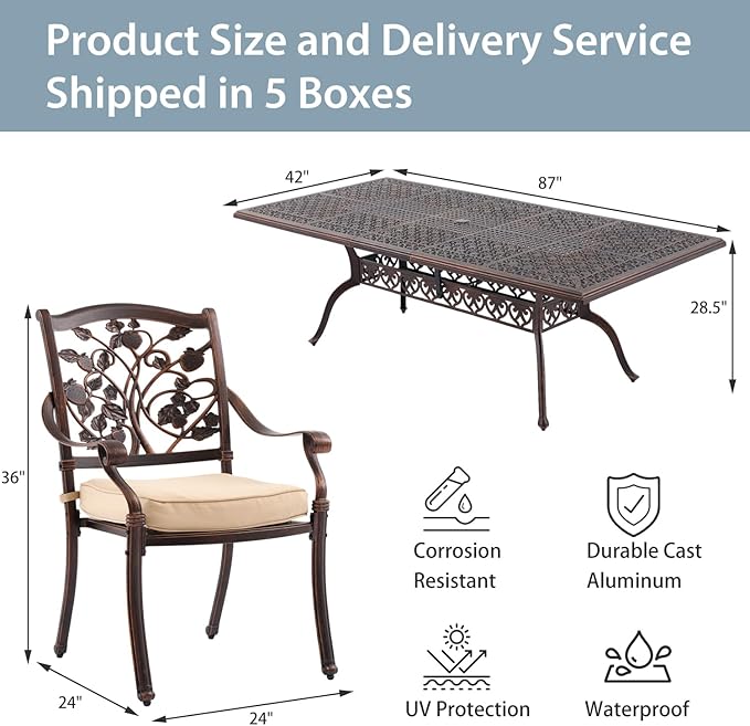 9-Piece Cast Aluminum Patio Furniture, Outdoor Dining Sets for 8 Include 87" Rectangular Patio Dining Table and 8 Stackable Chairs with Cushions & Umbrella Hole (Copper Red) Rootora