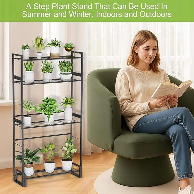 Plant Stand, 4 Tier Stackable Tiered Plant Stand, Scalable Heavy Duty Tall Plant Shelf for Indoor Outdoor, Garden, Display Shelves, Flower Pot Holder, Black VyGrow