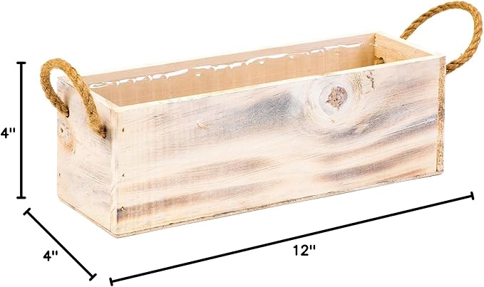Wooden Planter Box with Handle I Rustic Whitewash I Plastic Liner l Garden Decor l Restaurant and Wedding Decorations l Table Centerpiece (12x4 w Handle Set of 4, Whitewash) Rootora