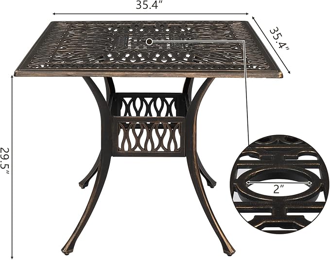 VINGLI 5-Piece Outdoor Patio Dining Set, Cast Aluminum All-Weather Outdoor Table and Chairs w/Cushion, Outdoor Furniture Set w/Umbrella Hole for Backyard Deck Poolside (Square, Elizabeth Back) VINGLI
