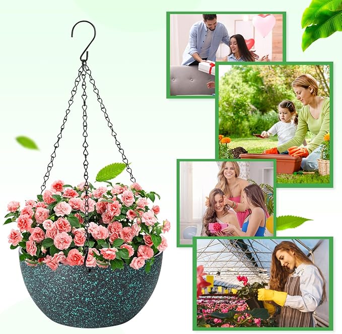 10 inch Hanging Planters for Indoor Plants, 2 Pack Planters for Outdoor Plants with Drainage Holes and Chain, Round Plastic Hanging Baskets, Hanging Flower Pots for Balcony Garden Decor-Black Speckle HIGSEEU