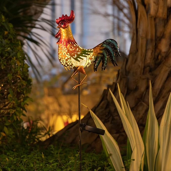 Tryme Rooster Solar Lights Outdoor Decorative Garden Statue Gifts for Chicken Lovers Women Mother Metal Yard Art for Lawn Tryme