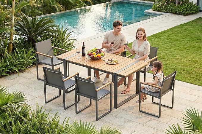 Outdoor Dining Set, HDPS + Aluminum Patio Table and Chairs Set with U-Shaped Base, 7 Piece Outdoor Furniture Set with Umbrella Hole, Patio Dining Table Set for Garden, Backyard (Gray-Teak) Oasbira