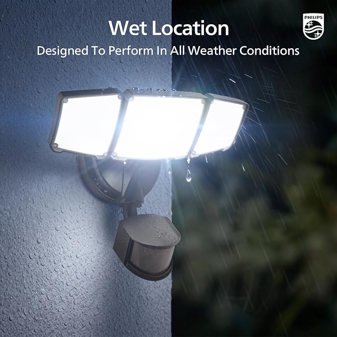 Philips 72W 7400LM LED Security Lights w/PIR Motion Sensor Outdoor, 5000K Daylight Dusk to Dawn Aluminum Flood Light, 3 Adjustable Heads, Waterproof for Garage, Yard, Porch PhilipsLightingLED