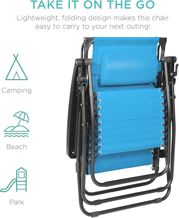 Best Choice Products Folding Zero Gravity Outdoor Recliner Patio Lounge Chair w/Adjustable Canopy Shade, Headrest, Side Accessory Tray, Textilene Mesh - Light Blue BestChoiceProducts