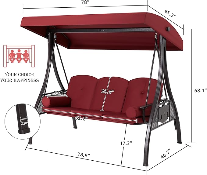 HOMREST 3 Seat Outdoor Porch Swing with 1.5" Deepened Cup Holder, Adjustable Canopy, Patio Swing Bed with Stand, Patio Glider Swing with Thicken Cushions, Pillow for Yard, Garden(Wine Red) HOMREST