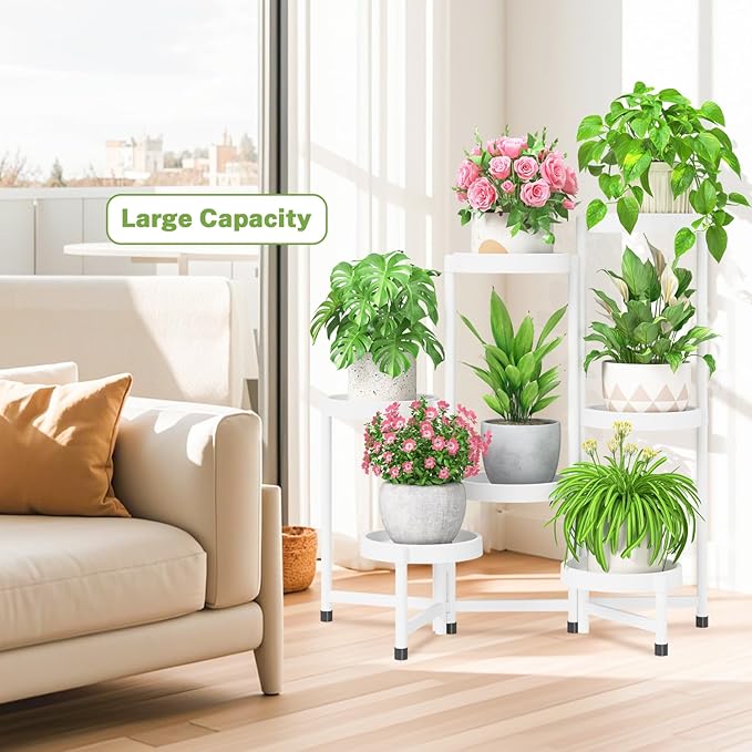 iDavosic.ly 7 Tier Folding Plant Stand Indoor Outdoor with Plastic Tray, Tiered Corner Flower Holder Shelf, Metal Orchid Display Rack for Patio Porch Living Room Garden Balcony, White iDavosicly