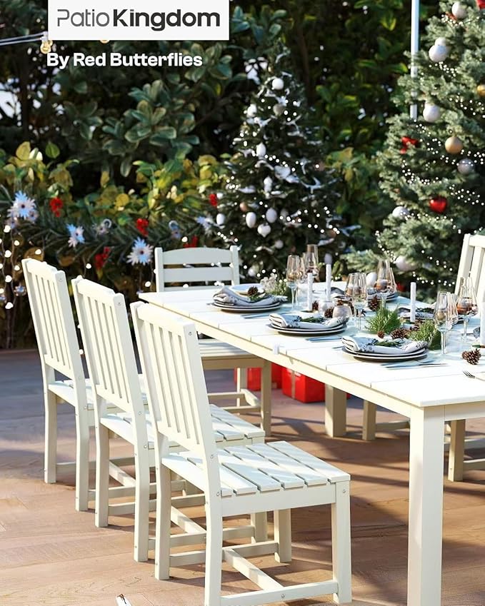 5-Piece White Outdoor Dining Set with White 15FT Large Patio Umbrella, 75.2'' HDPE Table & Chairs for 8, Weather-Resistant Furniture with Umbrella Hole for Patio, Lawn, Poolside PatioKingdom