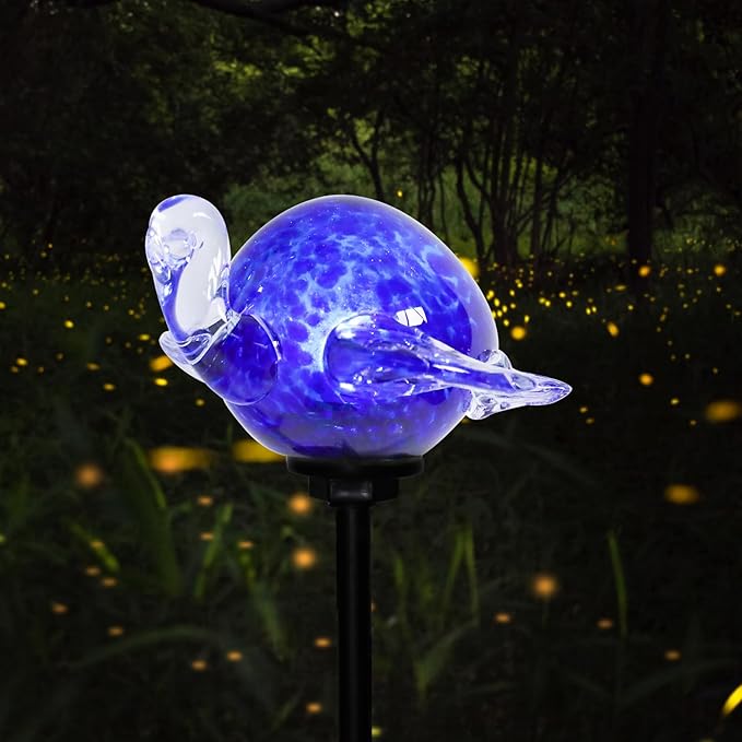 Afirst Decorative Solar Lights Outdoor Solar Turtle Stake Lights Hand Blown Glass Decorative Garden Pathway Light Outdoor Waterproof Glass Stakes Blue Afirst
