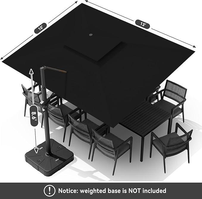 10 X 13 FT Cantilever Outdoor Patio Umbrella with Base Included Large Heavy Duty 360° Rotation Double Top Offset Rectangular Umbrellas with Led Lights for Backyard Outside Deck, Black MEVBC