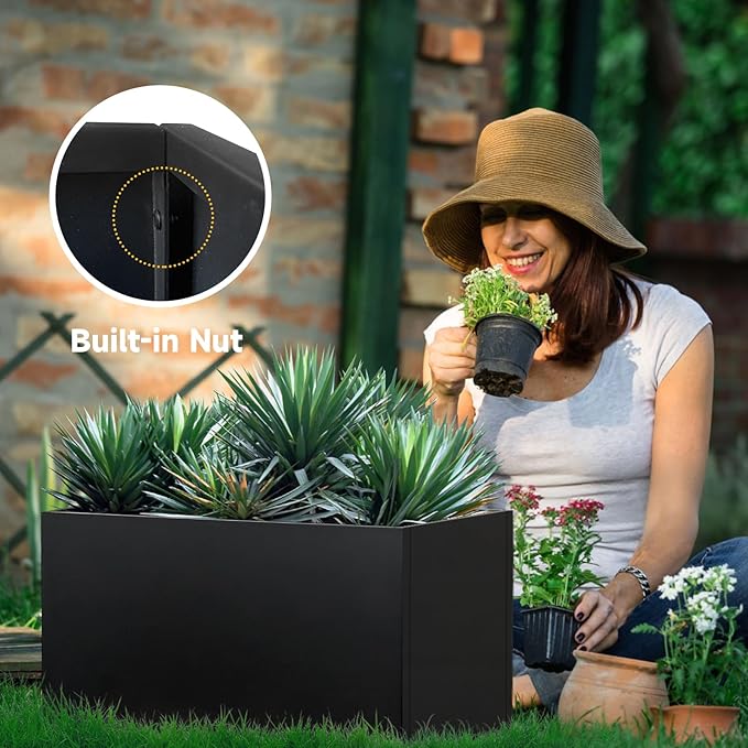 Galvanized Steel Planter Black Metal Outdoor Planter Powder Coated 32" x 12" x 16" Pot Metallic Heavy Pot Indoor & Outdoor, Commercial & Residential (L32 x W12 x D16, Black) DISCOVERINGBEAUTY