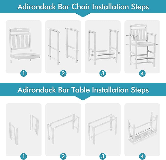 Ciokea 3 Pcs Outdoor Bar Height Table Set, 60" Extra Long Rectangle High Top Table and 2 Oversized Adirondack Chairs Set, Heavy-Duty All-Weather HDPE Patio Bar Set for Backyard Balcony Deck, White CIOKEA