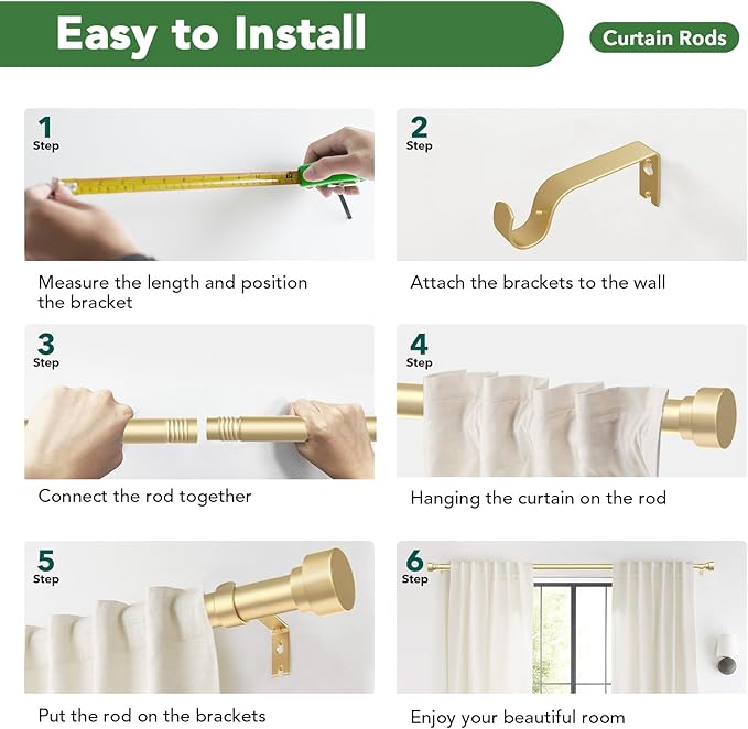 Curtain Rods for Windows 72 to 144, 1 Inch Adjustable Gold Heavy Duty Long Window Curtain Rod with End Caps, Modern Style Indoor Outdoor Drapery Rods for Patio Bedroom, Size 32" - 150" TimeForest