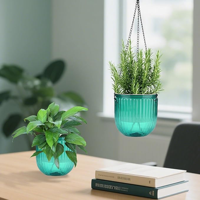 4 Pack Self Watering Hanging Planters with Drainage Holes –Hanging planters for Indoor Plants, Flowers, Succulents – Lightweight, Durable Hanging Baskets Green Rootora